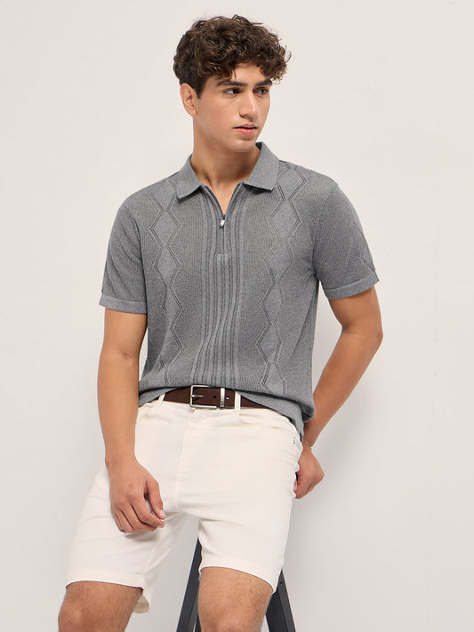 Grey Regular Fit Geometric Textured Flat Knit Polo with Zip Placket