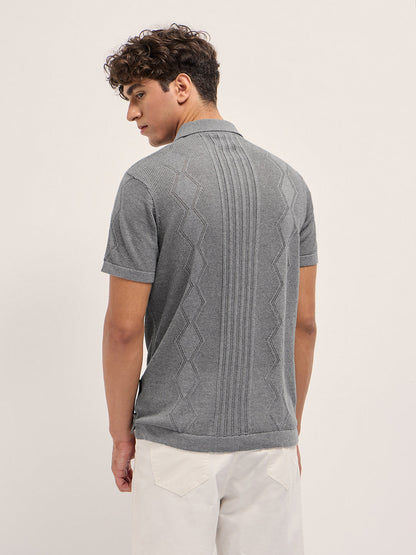 Grey Regular Fit Geometric Textured Flat Knit Polo with Zip Placket