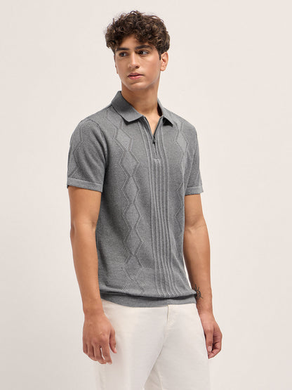 Grey Regular Fit Geometric Textured Flat Knit Polo with Zip Placket
