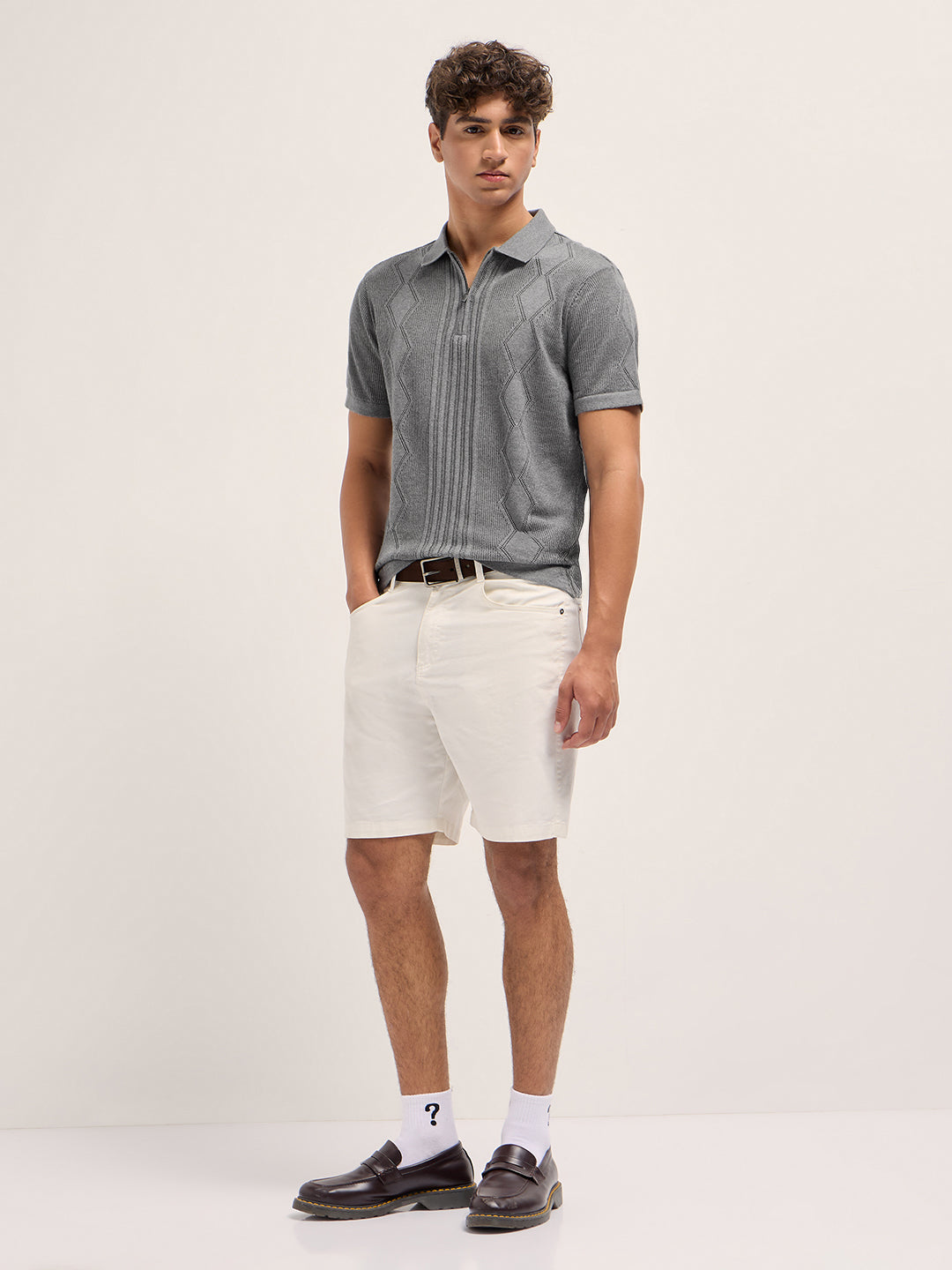 Grey Regular Fit Geometric Textured Flat Knit Polo with Zip Placket