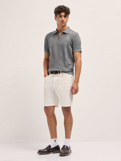 Grey Regular Fit Geometric Textured Flat Knit Polo with Zip Placket