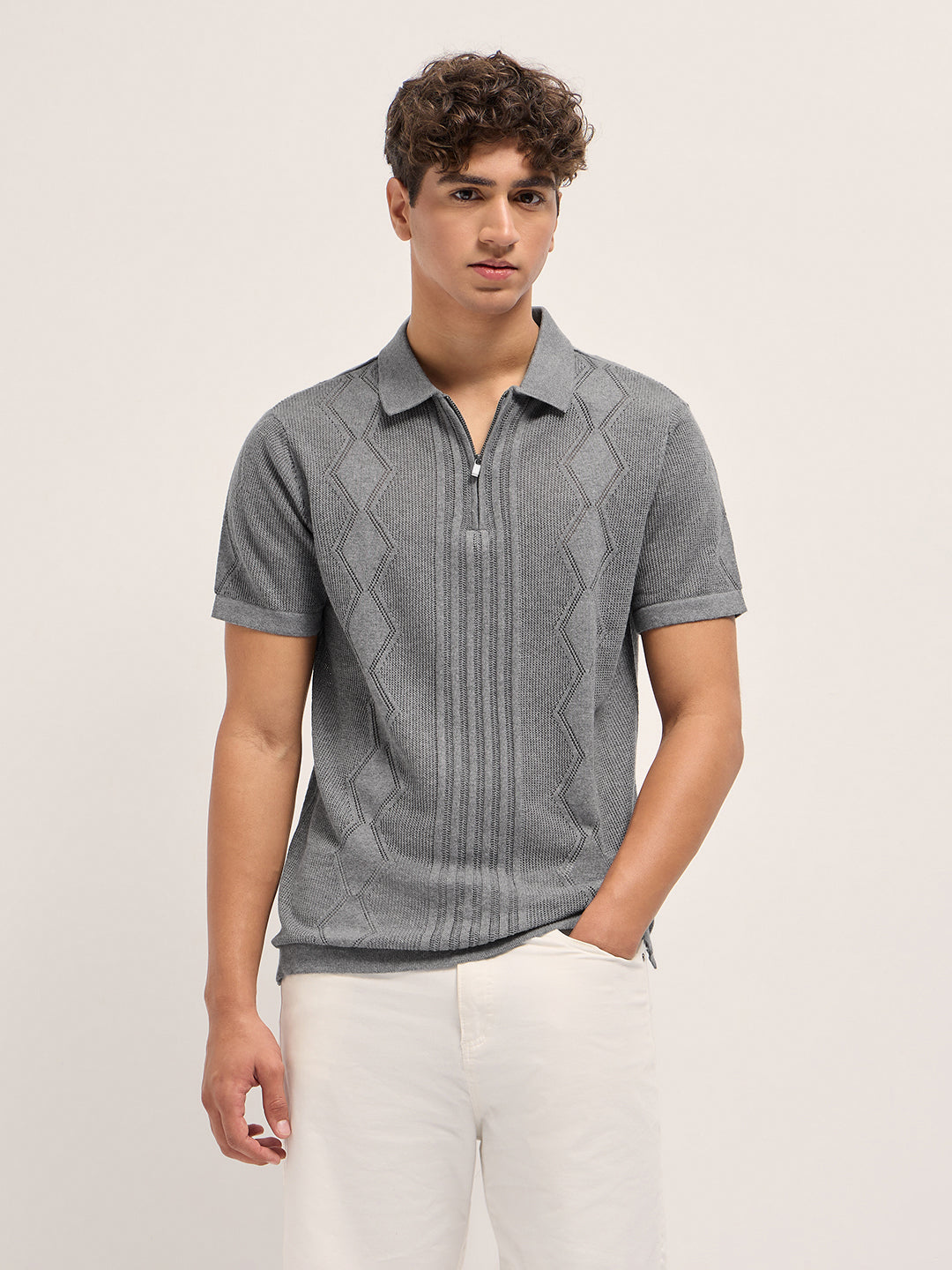 Grey Regular Fit Geometric Textured Flat Knit Polo with Zip Placket