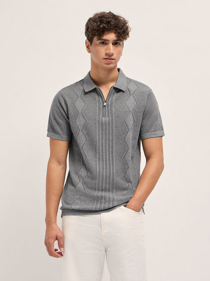 Grey Regular Fit Geometric Textured Flat Knit Polo with Zip Placket