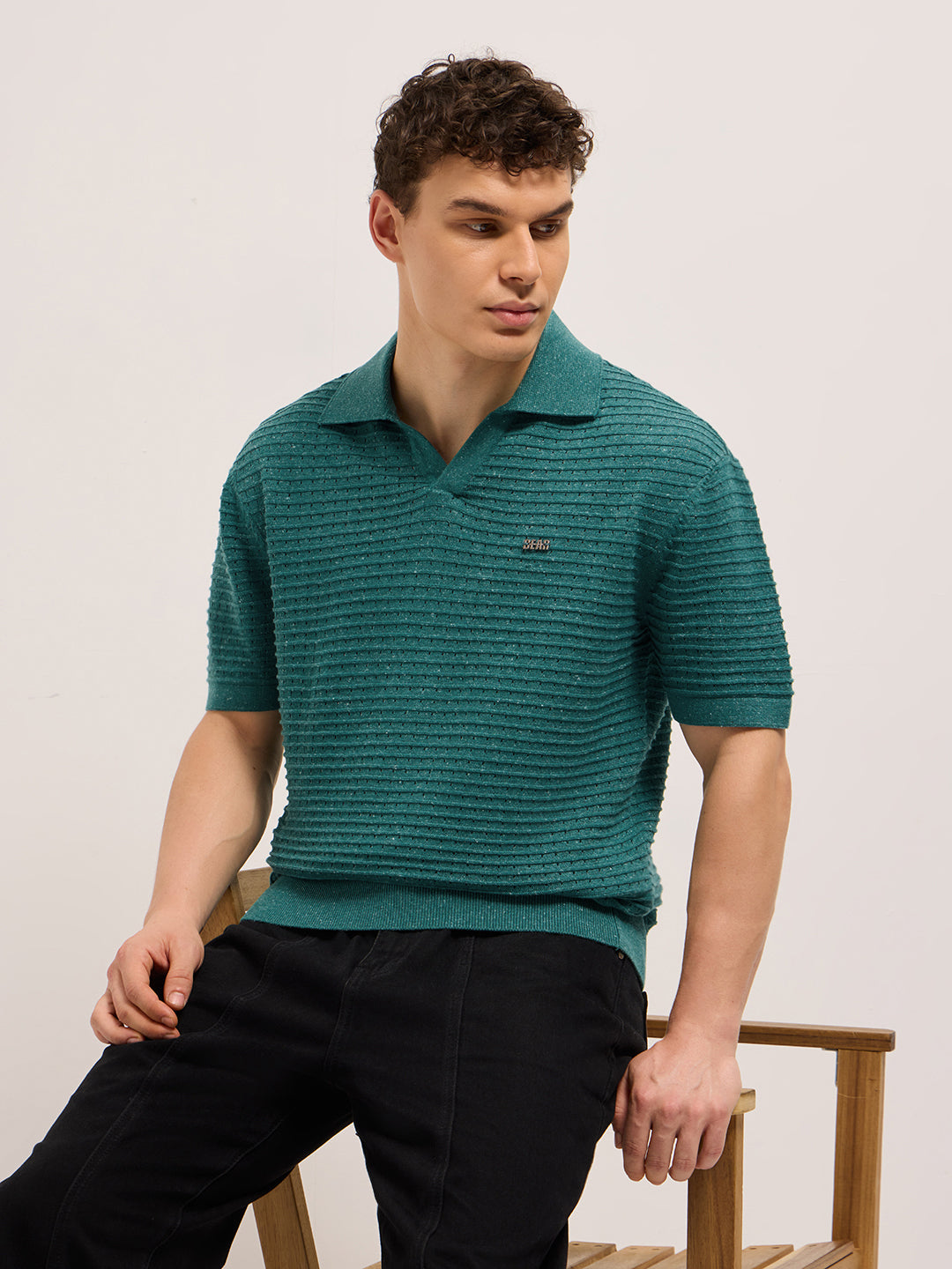 Green Relaxed Fit Horizontal Ribbed Flat Knit Polo with Transparent Effect