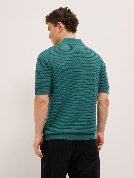 Green Relaxed Fit Horizontal Ribbed Flat Knit Polo with Transparent Effect