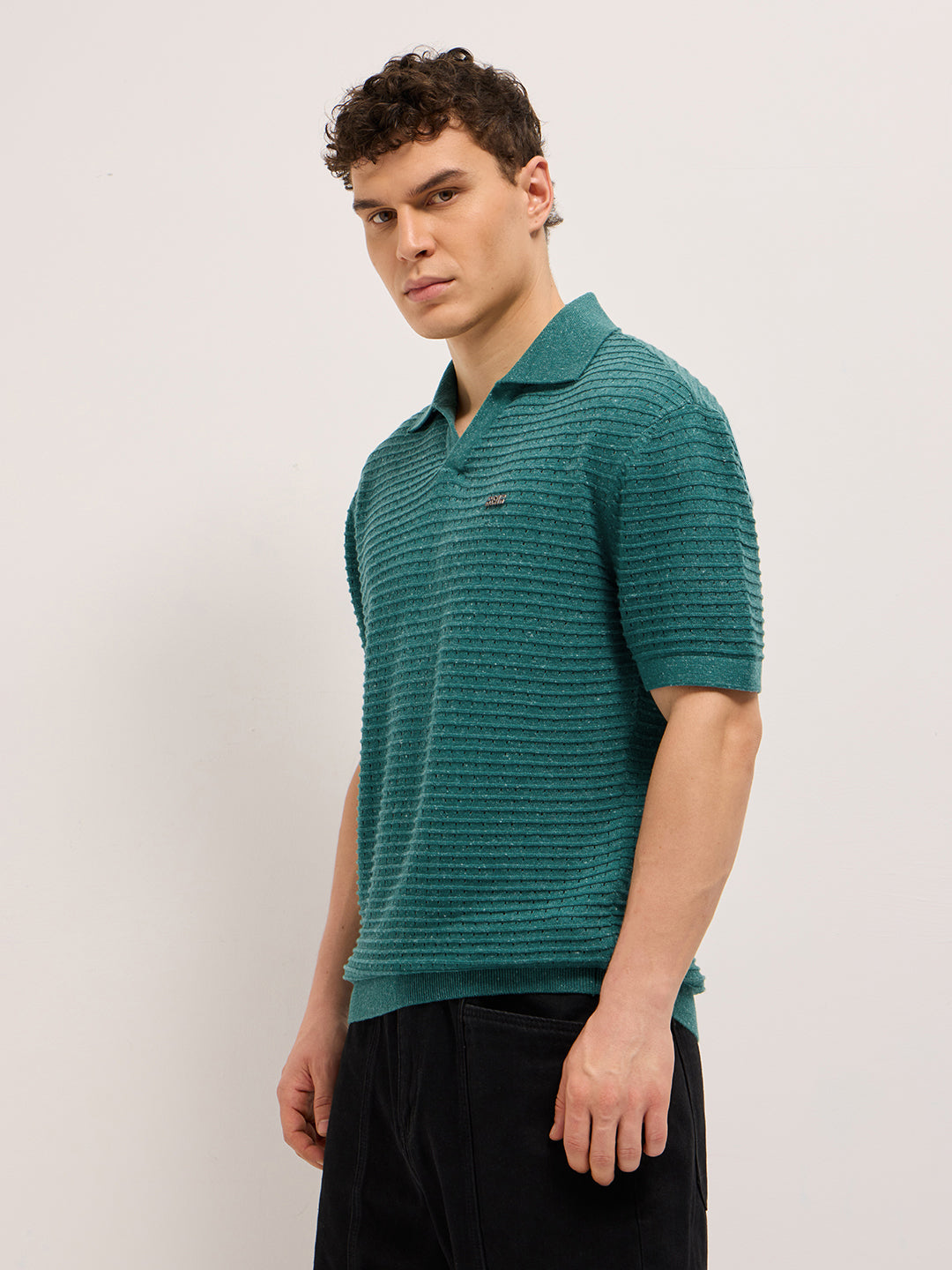 Green Relaxed Fit Horizontal Ribbed Flat Knit Polo with Transparent Effect