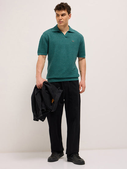 Green Relaxed Fit Horizontal Ribbed Flat Knit Polo with Transparent Effect