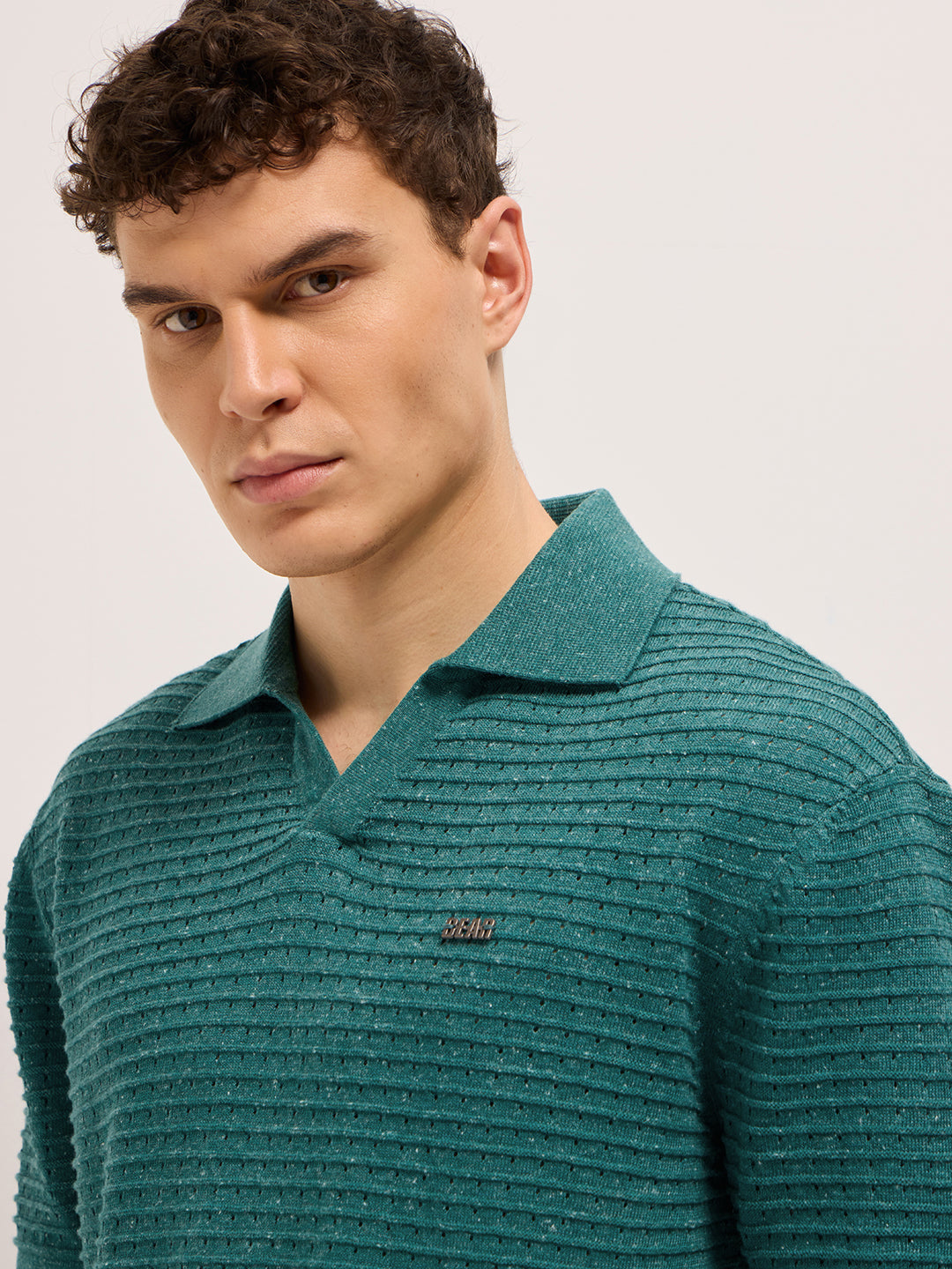 Green Relaxed Fit Horizontal Ribbed Flat Knit Polo with Transparent Effect