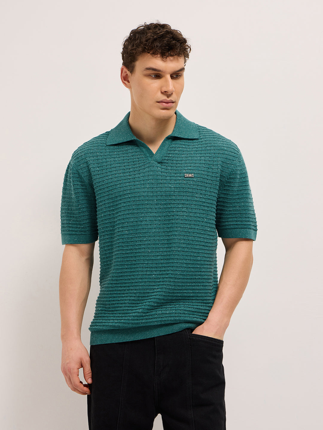 Green Relaxed Fit Horizontal Ribbed Flat Knit Polo with Transparent Effect