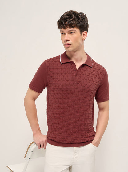 Red Regular Fit Geometric Textured Knit Polo Shirt