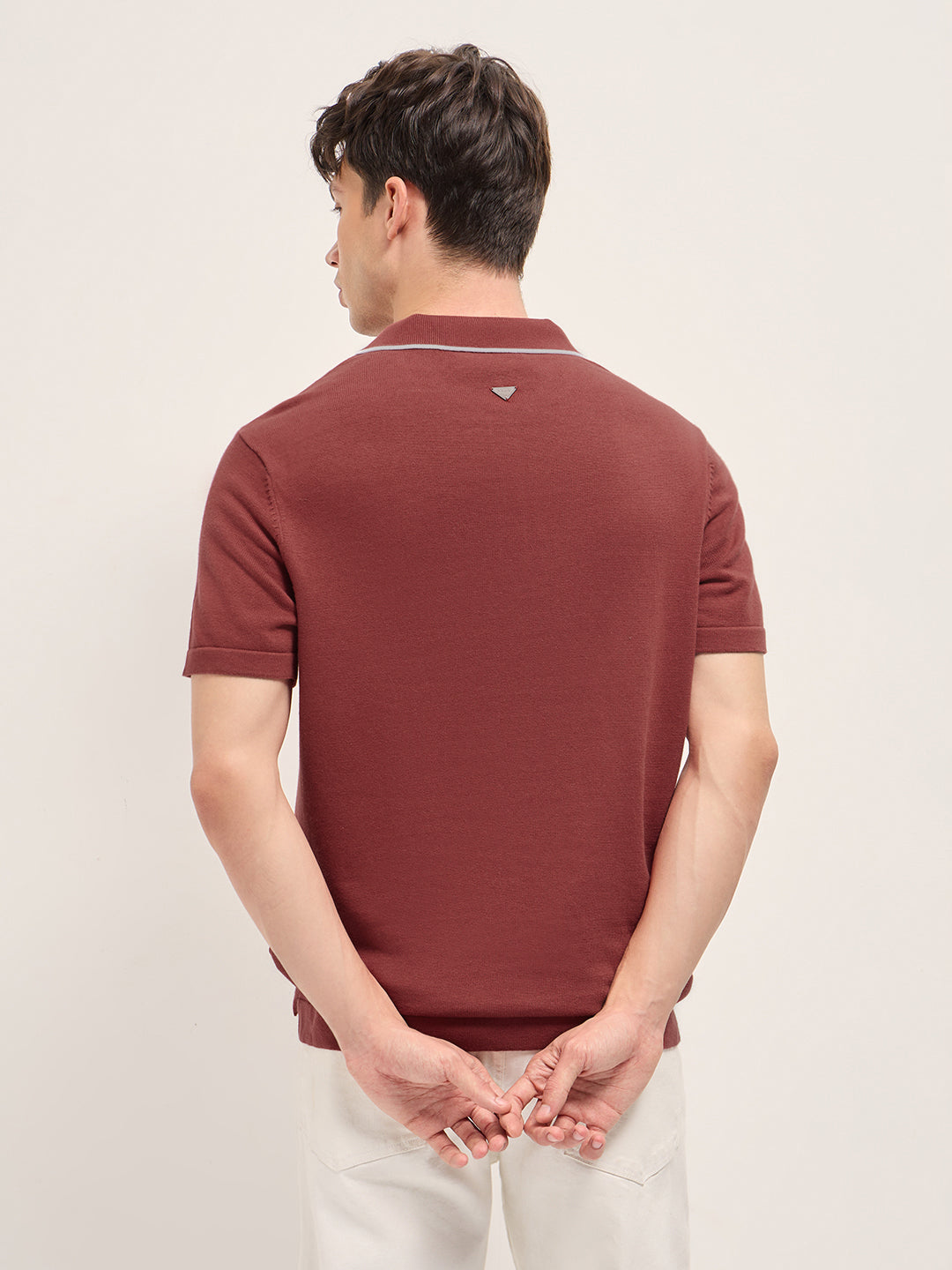Red Regular Fit Geometric Textured Knit Polo Shirt