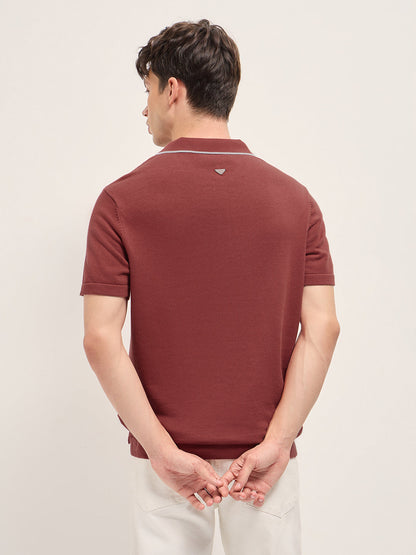 Red Regular Fit Geometric Textured Knit Polo Shirt