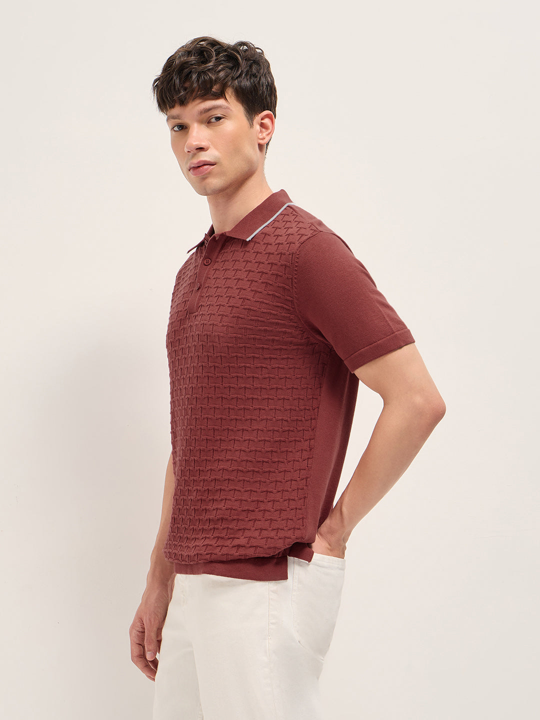 Red Regular Fit Geometric Textured Knit Polo Shirt