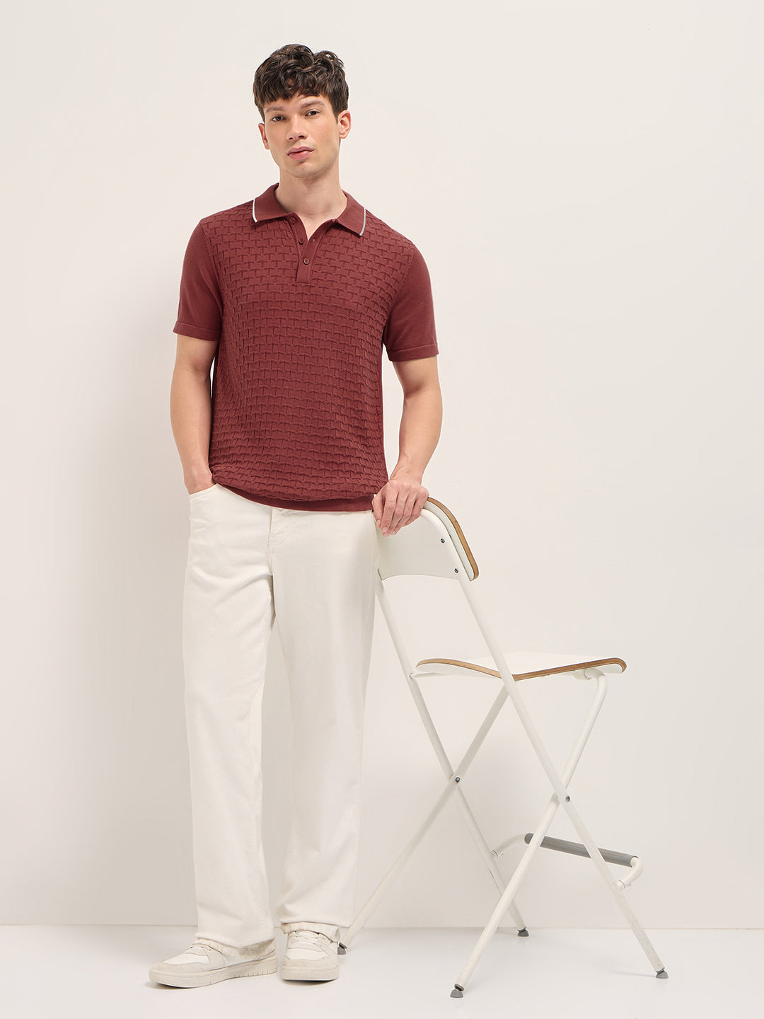 Red Regular Fit Geometric Textured Knit Polo Shirt