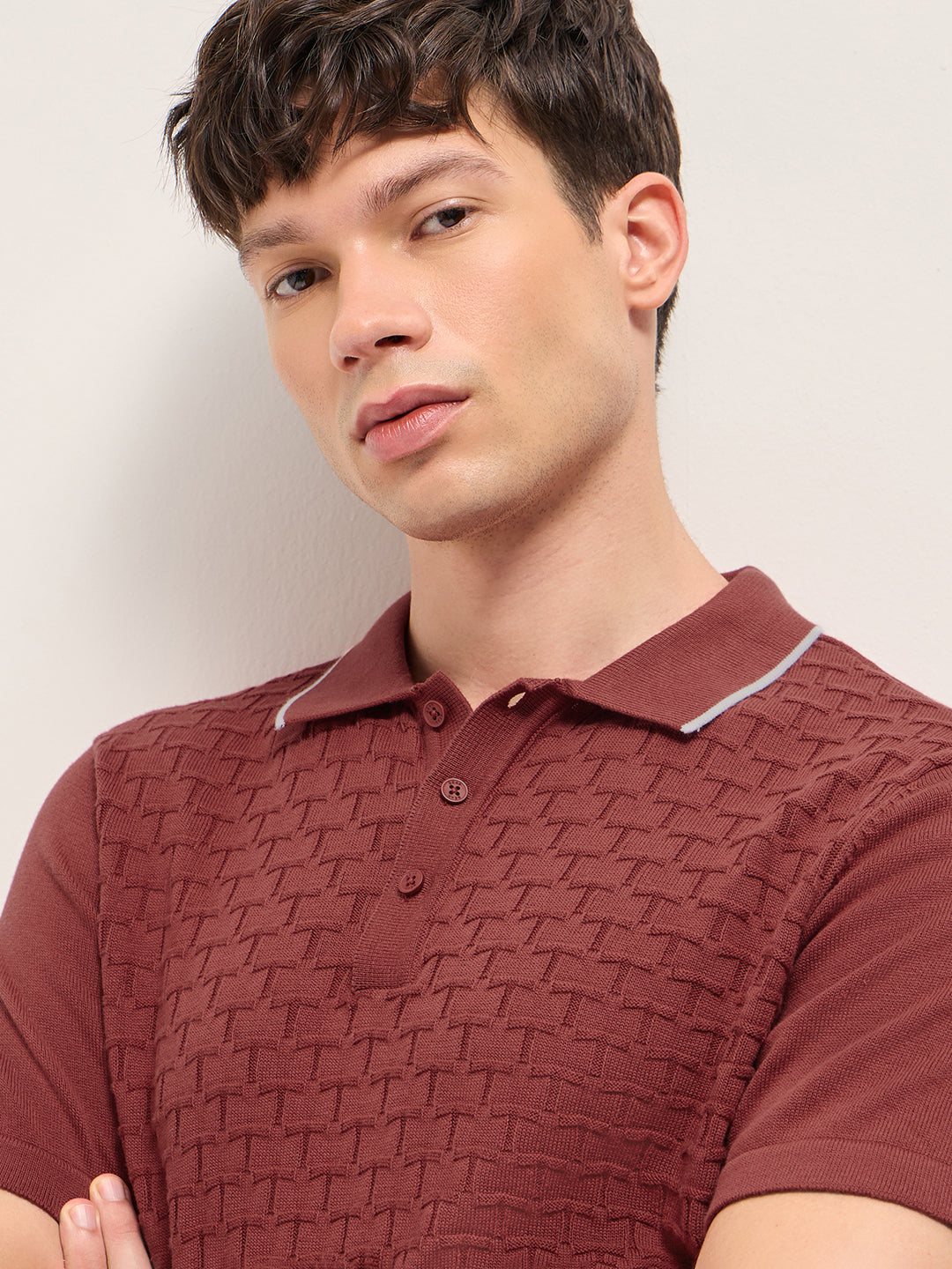 Red Regular Fit Geometric Textured Knit Polo Shirt