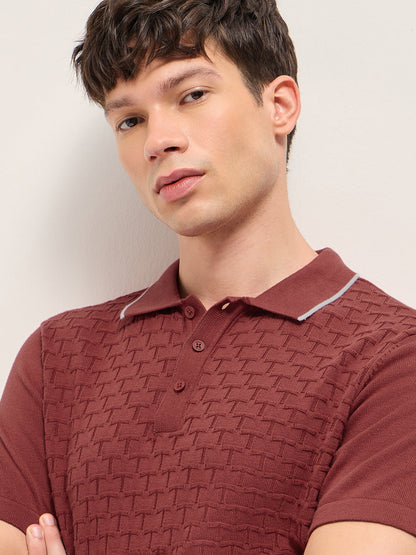 Red Regular Fit Geometric Textured Knit Polo Shirt