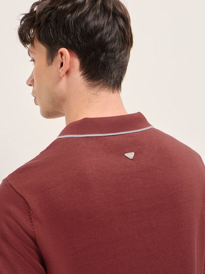 Red Regular Fit Geometric Textured Knit Polo Shirt