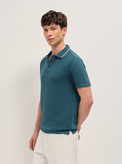 Teal Regular Fit Geometric Textured Knit Polo Shirt