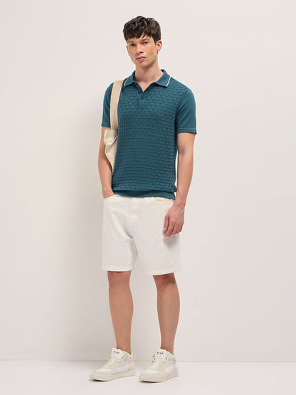 Teal Regular Fit Geometric Textured Knit Polo Shirt