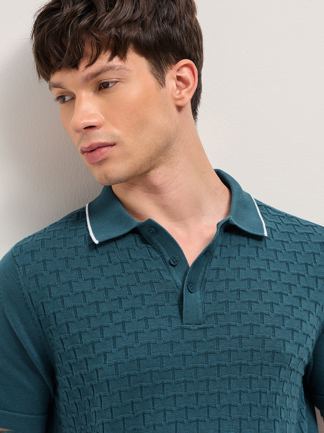 Teal Regular Fit Geometric Textured Knit Polo Shirt