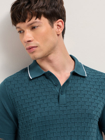 Teal Regular Fit Geometric Textured Knit Polo Shirt
