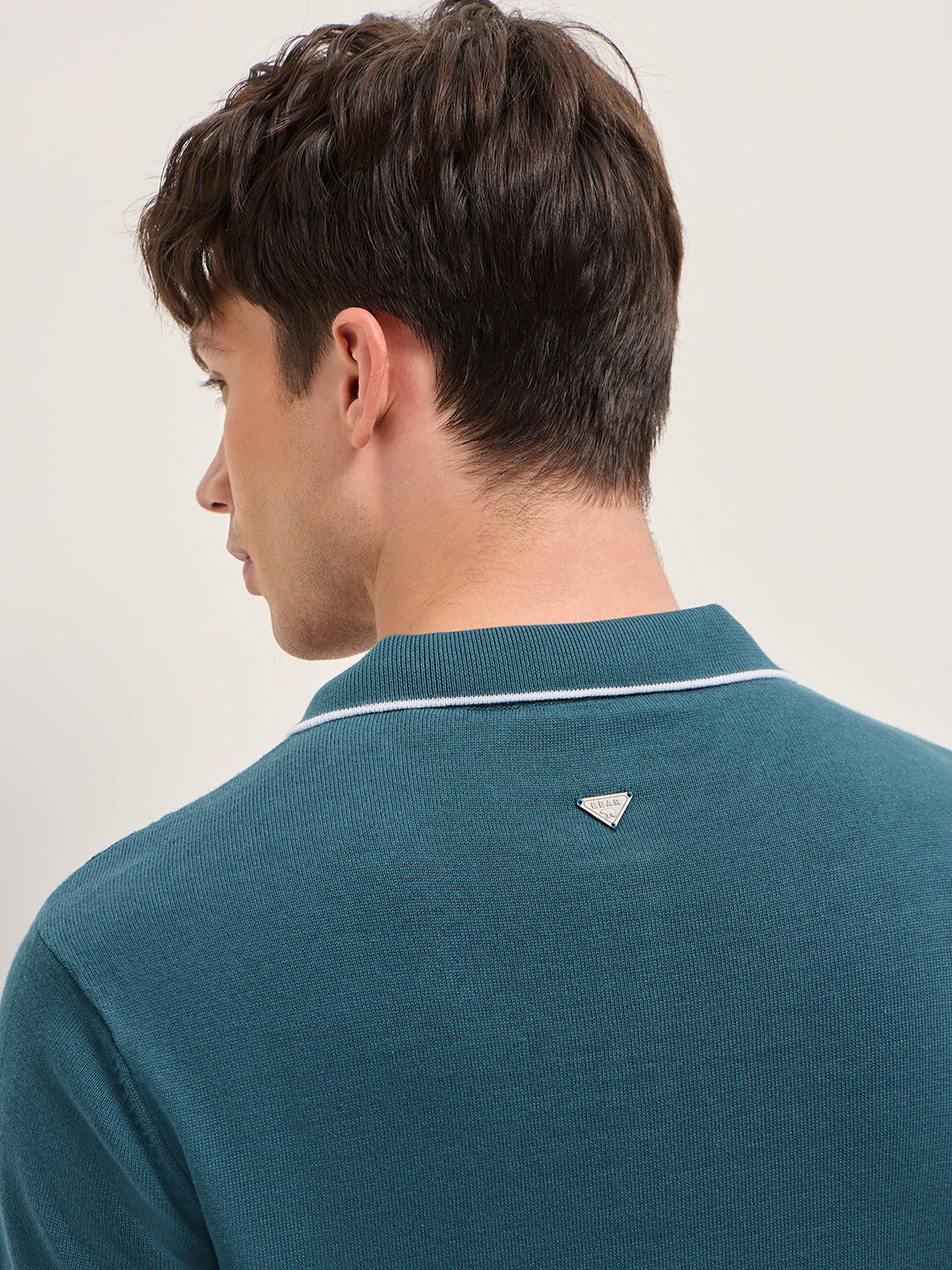 Teal Regular Fit Geometric Textured Knit Polo Shirt