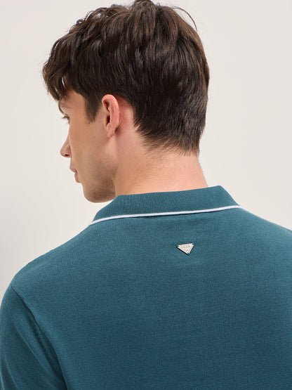 Teal Regular Fit Geometric Textured Knit Polo Shirt