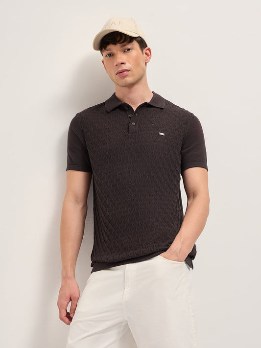 Brown Slim Fit Diamond Textured Flat Knit Polo with Transparent Effect