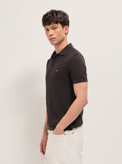 Brown Slim Fit Diamond Textured Flat Knit Polo with Transparent Effect
