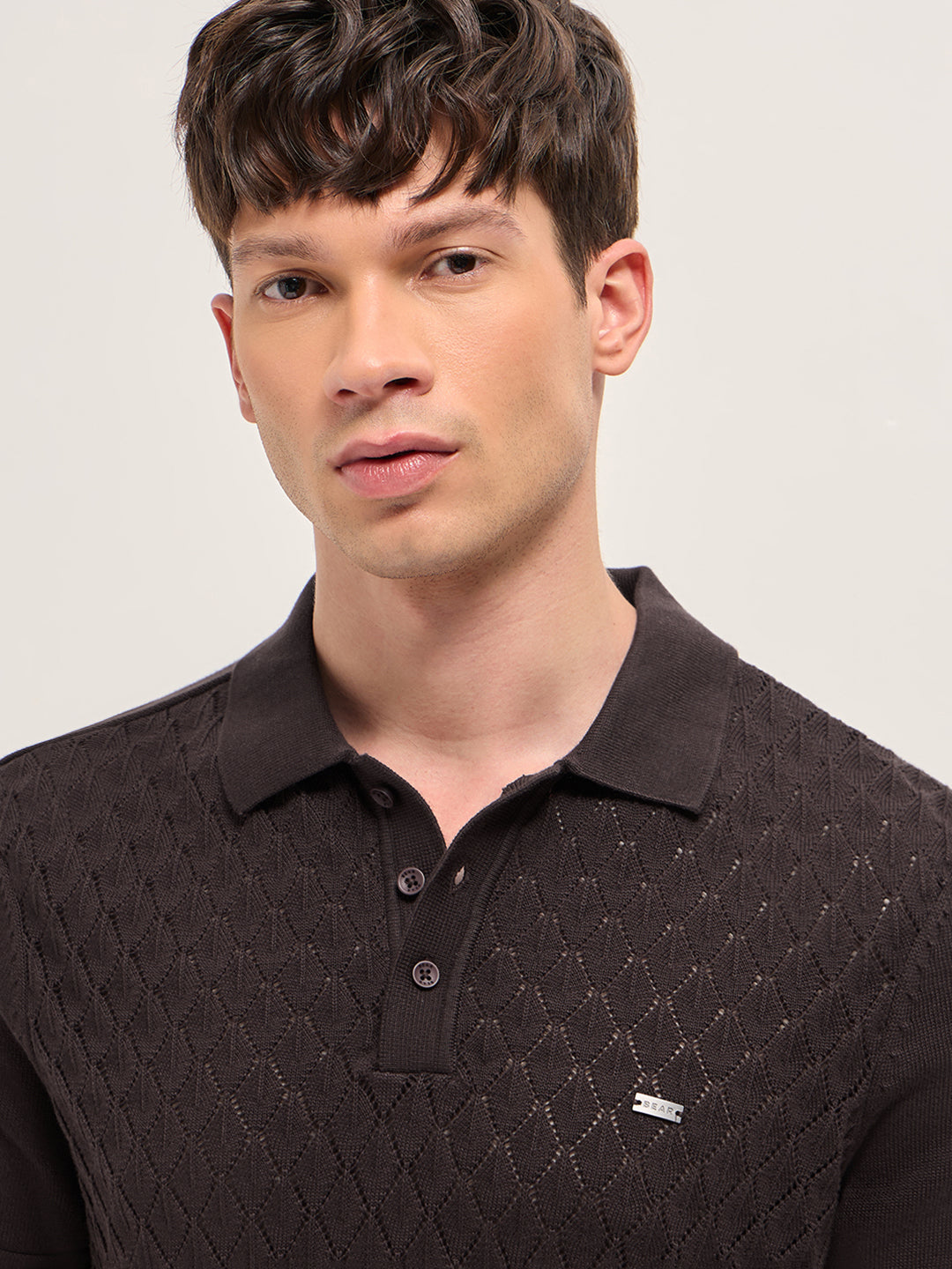 Brown Slim Fit Diamond Textured Flat Knit Polo with Transparent Effect