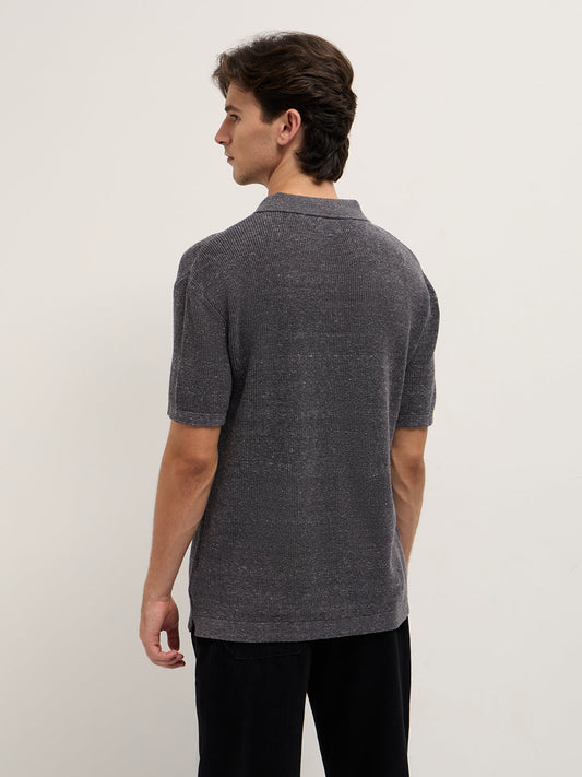 Grey Textured Knit Relaxed Fit Polo with Button Placket
