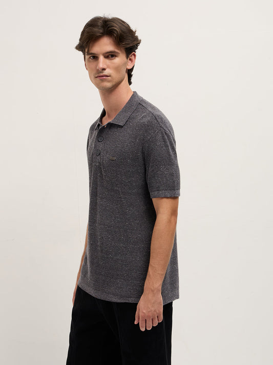 Grey Textured Knit Relaxed Fit Polo with Button Placket