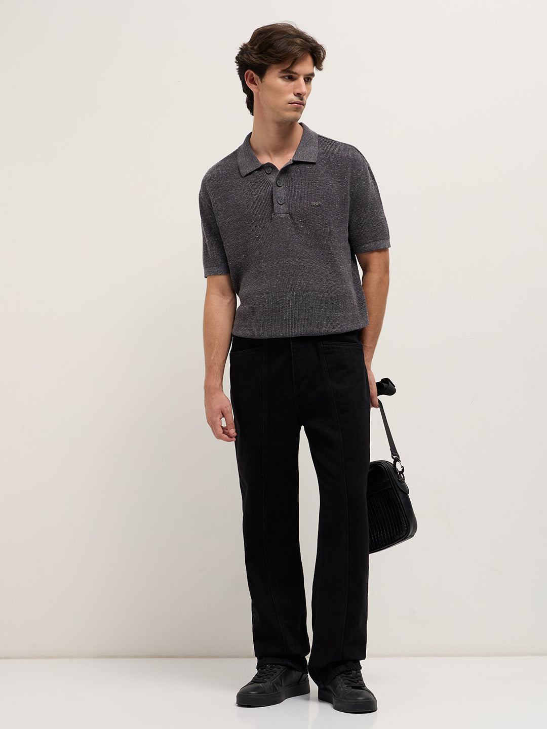 Grey Textured Knit Relaxed Fit Polo with Button Placket