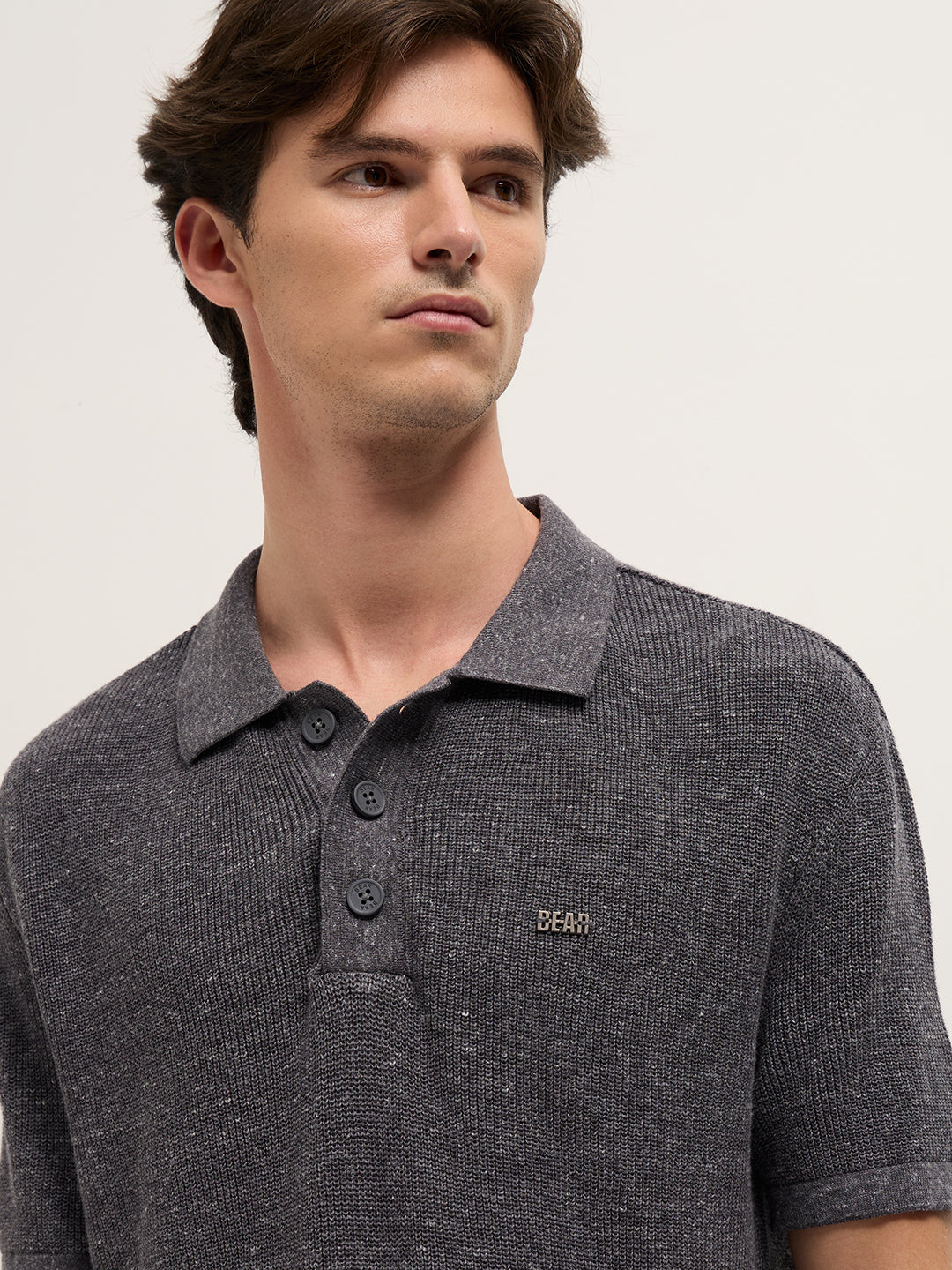 Grey Textured Knit Relaxed Fit Polo with Button Placket