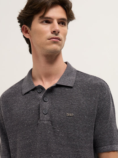 Grey Textured Knit Relaxed Fit Polo with Button Placket