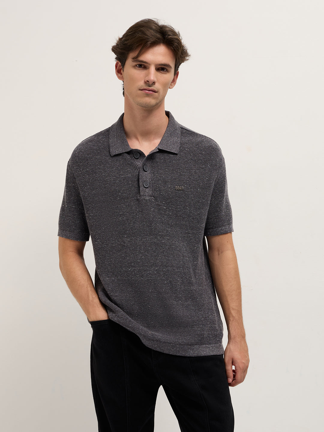 Grey Textured Knit Relaxed Fit Polo with Button Placket