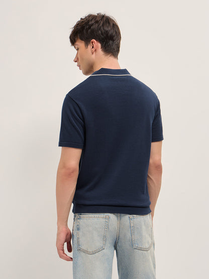 Navy Regular Fit Check Textured Flat Knit Polo with Contrast Collar Trim
