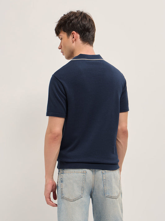 Navy Regular Fit Check Textured Flat Knit Polo with Contrast Collar Trim