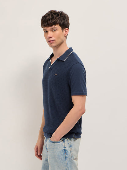 Navy Regular Fit Check Textured Flat Knit Polo with Contrast Collar Trim