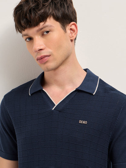 Navy Regular Fit Check Textured Flat Knit Polo with Contrast Collar Trim