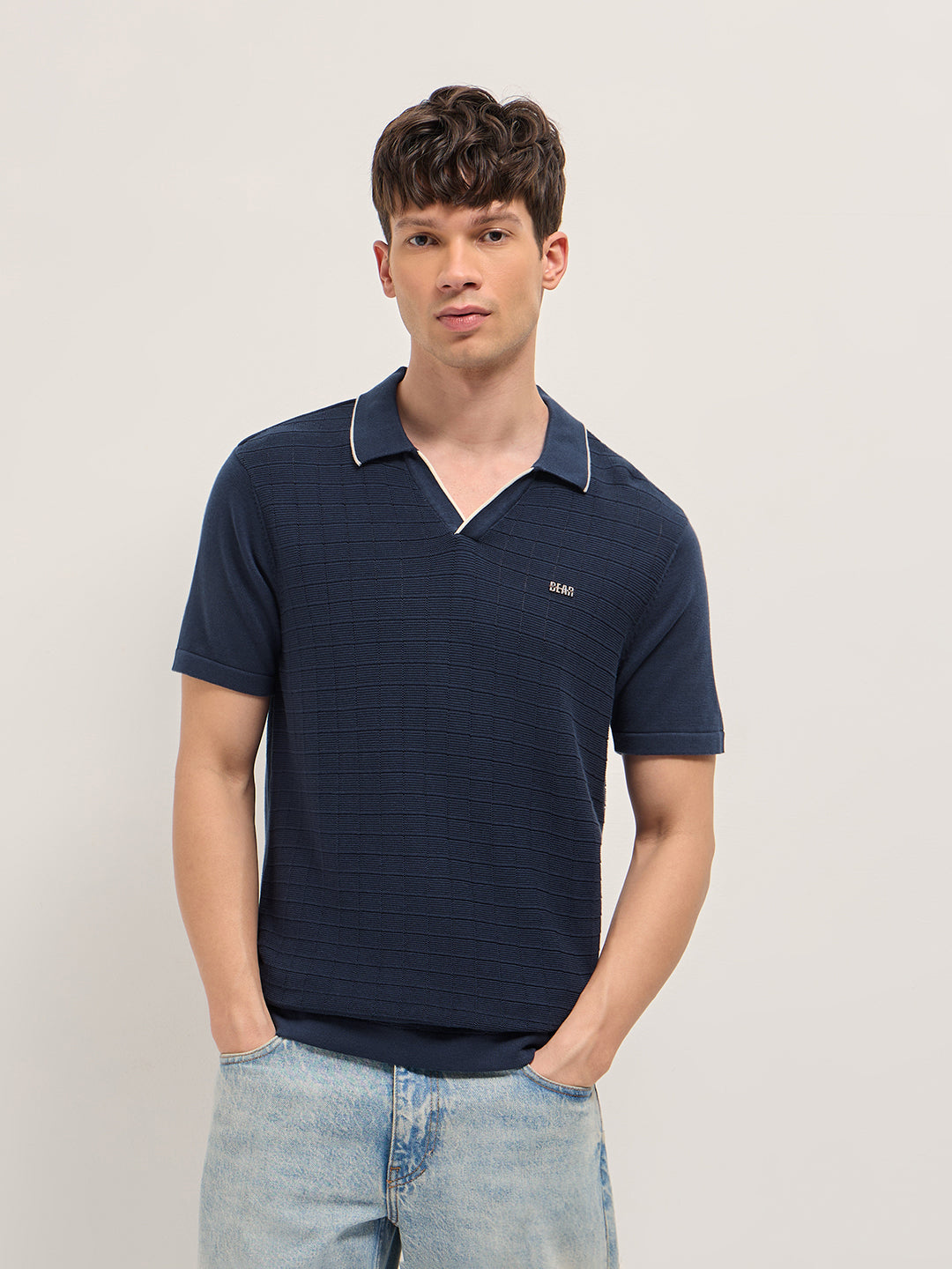 Navy Regular Fit Check Textured Flat Knit Polo with Contrast Collar Trim