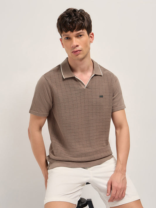 Brown Regular Fit Check Textured Flat Knit Polo with Contrast Collar Trim