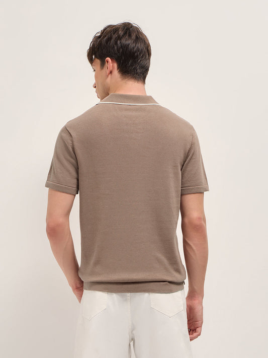 Brown Regular Fit Check Textured Flat Knit Polo with Contrast Collar Trim