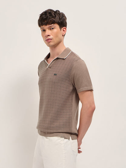 Brown Regular Fit Check Textured Flat Knit Polo with Contrast Collar Trim