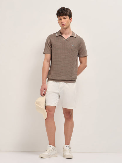 Brown Regular Fit Check Textured Flat Knit Polo with Contrast Collar Trim