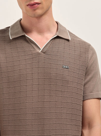Brown Regular Fit Check Textured Flat Knit Polo with Contrast Collar Trim
