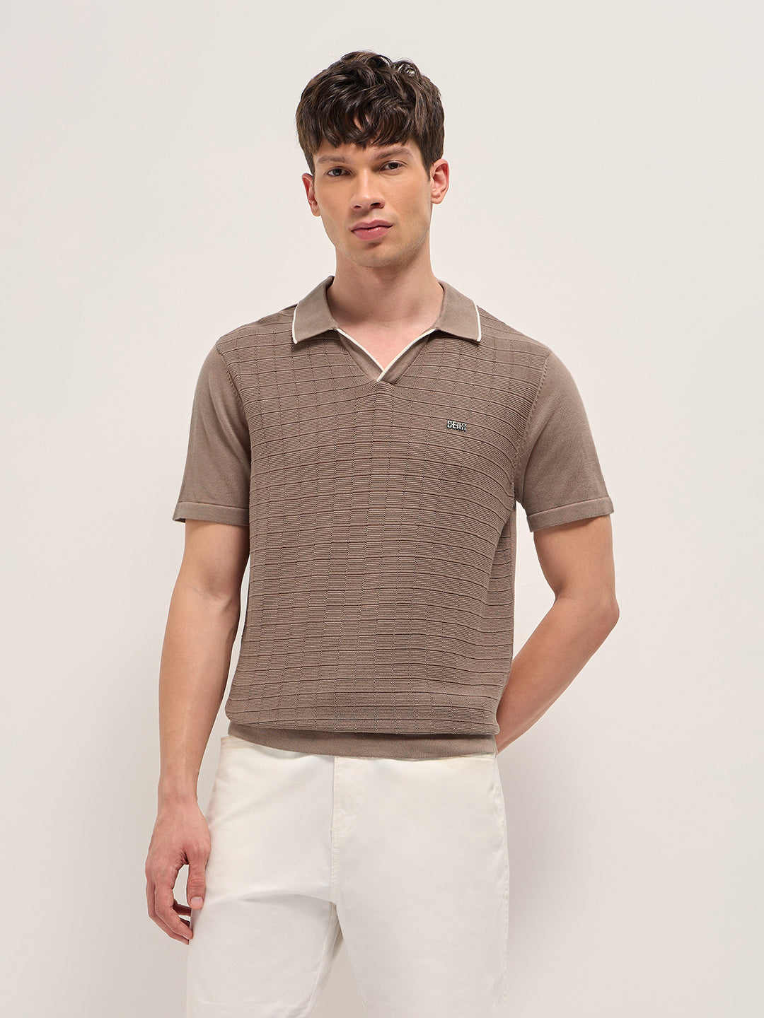 Brown Regular Fit Check Textured Flat Knit Polo with Contrast Collar Trim