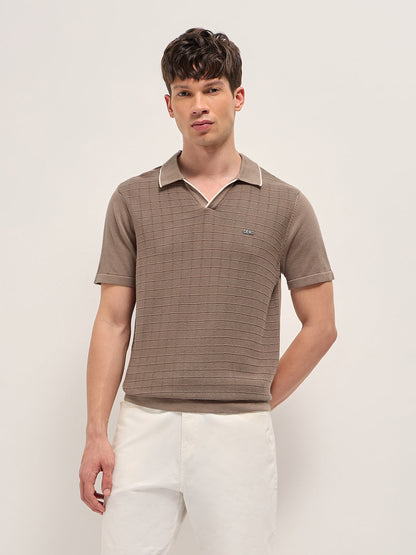 Brown Regular Fit Check Textured Flat Knit Polo with Contrast Collar Trim