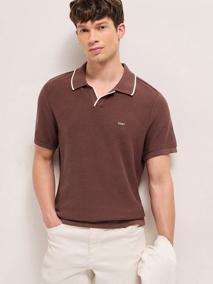 Brown Textured Knit Regular Fit Polo with Open V-Notch Placket