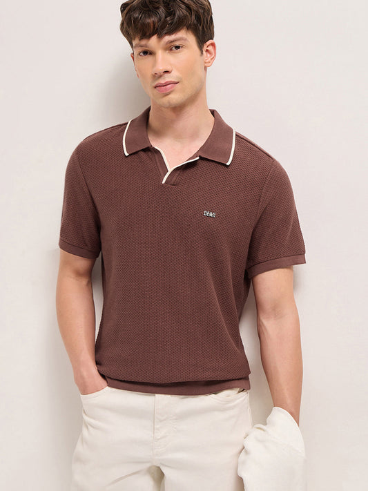Brown Textured Knit Regular Fit Polo with Open V-Notch Placket